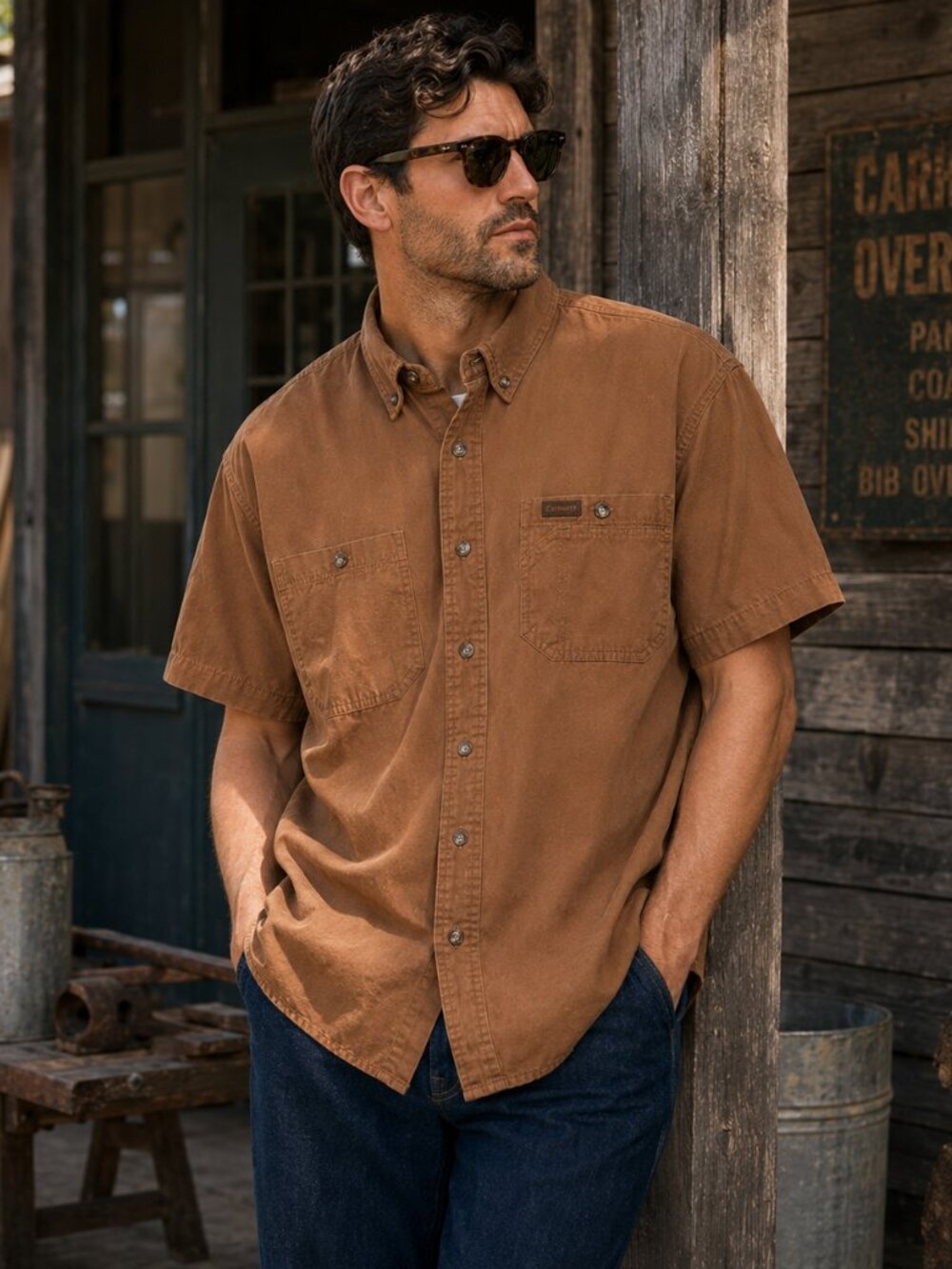 Carhartt Button Front Work Shirt XL Brown Short Sleeve Cotton Utility Workwear